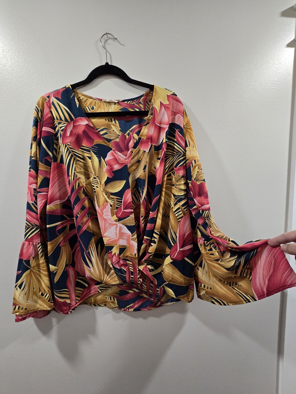 ODDY Tropical Floral Print Twist-Front V-Neck Blouse XL Boho Vintage